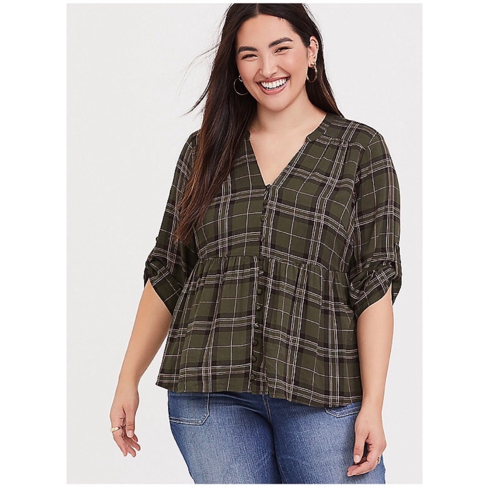 Torrid green plaid babydoll pullover blouse